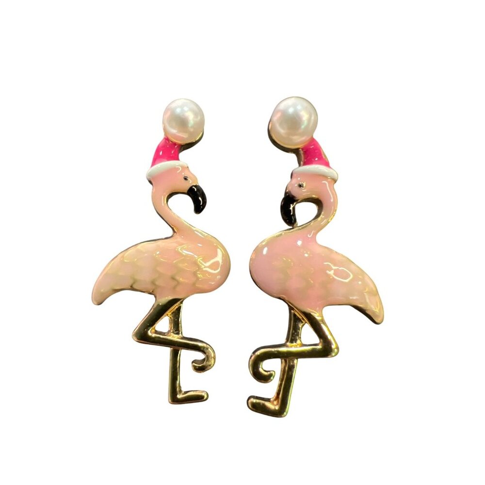 Betsey Johnson Pink Enamel Flamingo Stud Earrings Santa Hat Pearl Whimsical‎